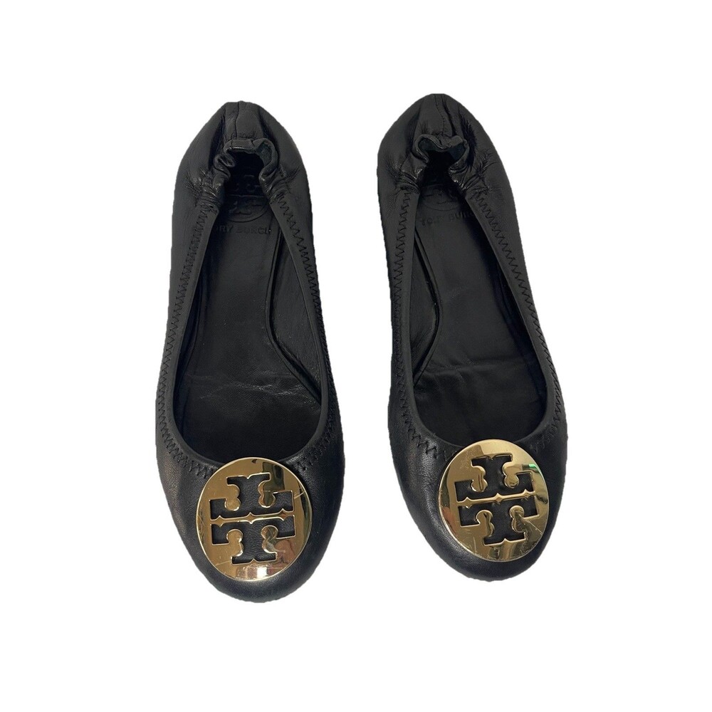 tory burch womens 6 black ballet flats Leather Gold Emblem Logo